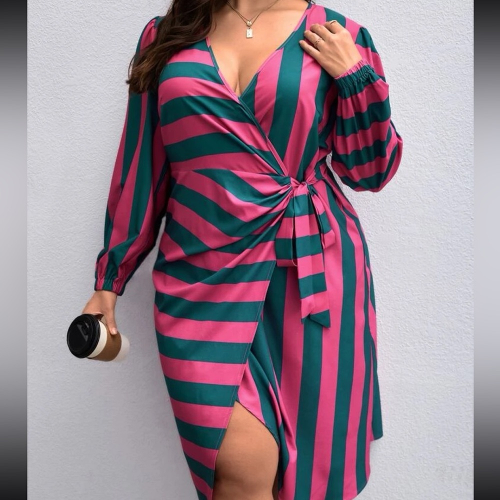 Plus Striped Print Knot Side Wrap Dress